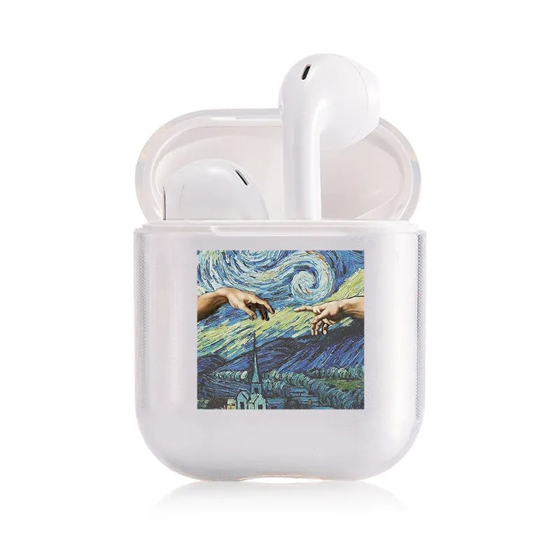 Transparent plastic protective cover for Apple AirPods charging case shown in colour style options.