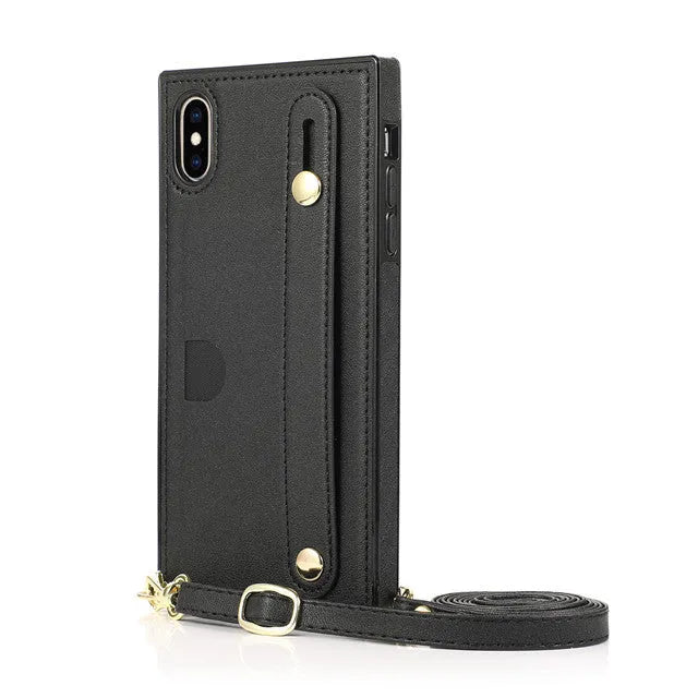 Leather messenger phone case with card holder and wristband for iPhone in five colour options