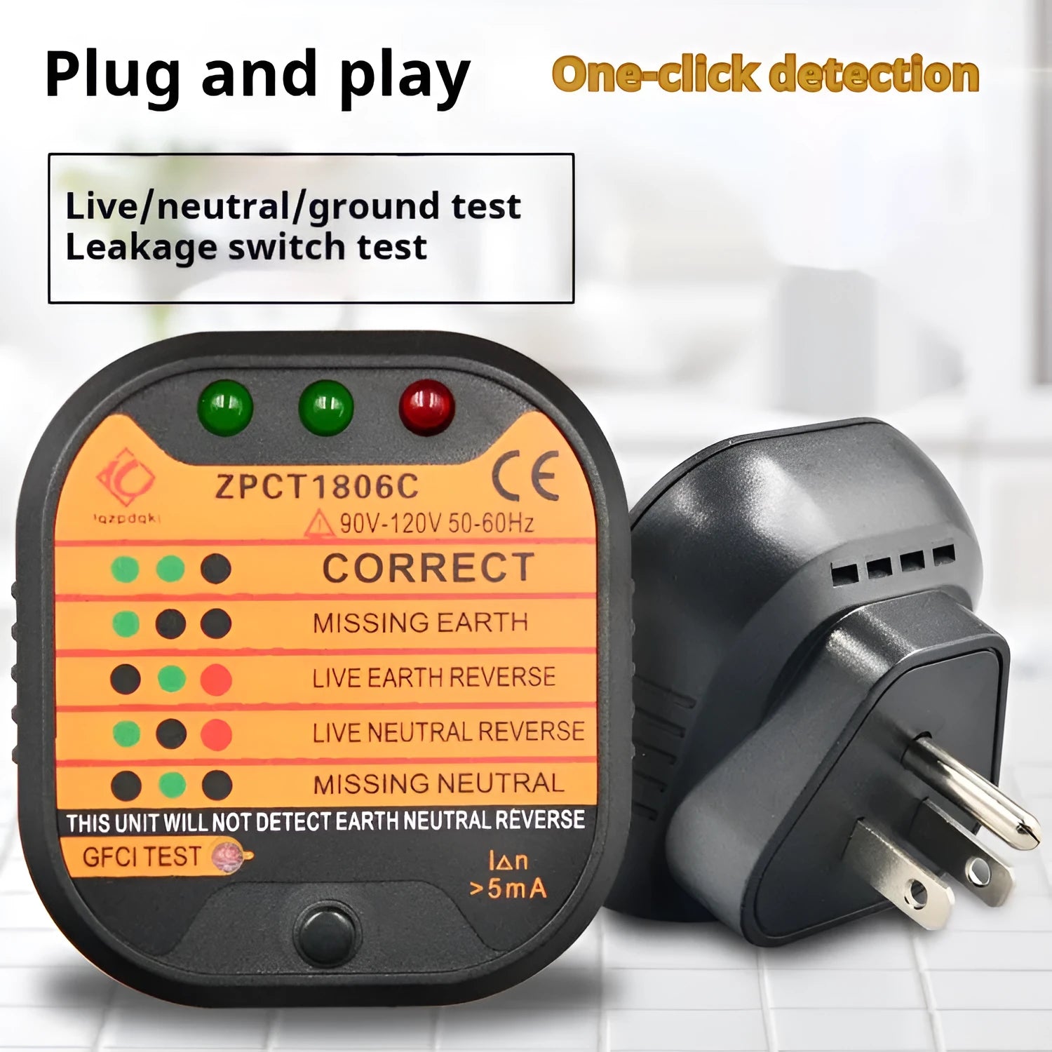 Black socket tester with LED indicators and UK EU US plug options for polarity ground line detection