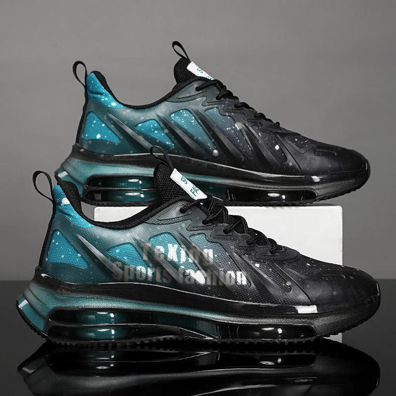 Men's black and green heightened platform casual shoes with mesh upper and rubber sole