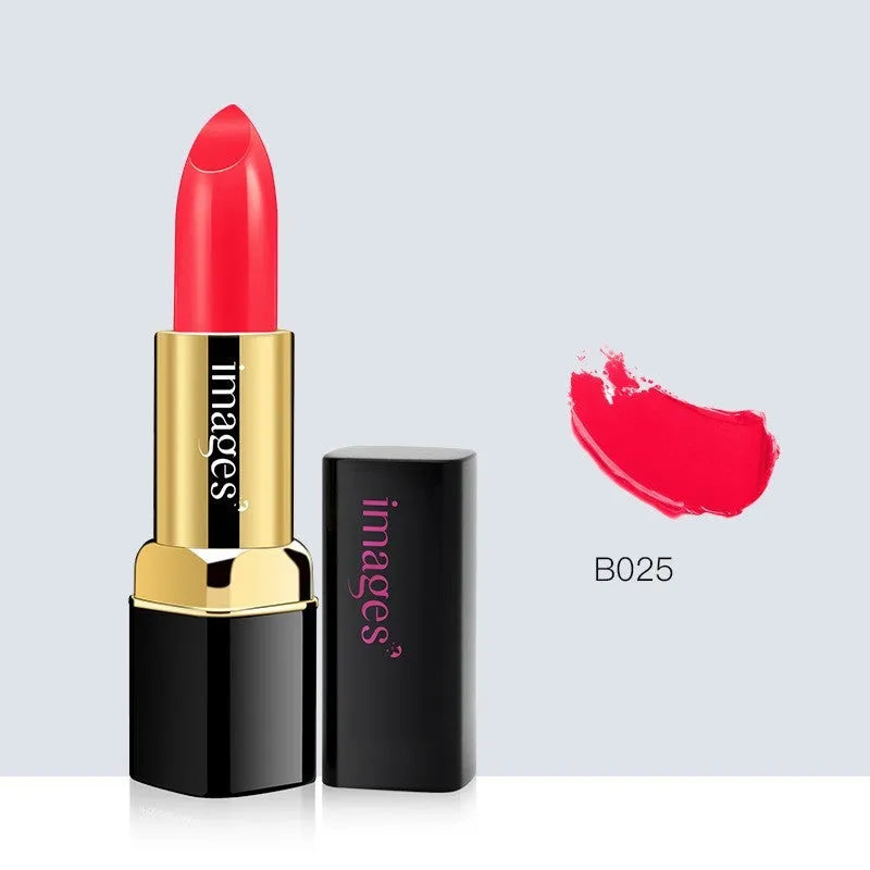 Lipstick lip gloss tube showing colour range including coral red, classic red, and babie pink shades