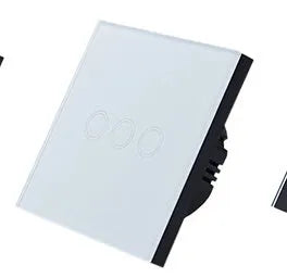 Type 86 touch-sensitive light switch with tempered glass panel in black, golden, or white.