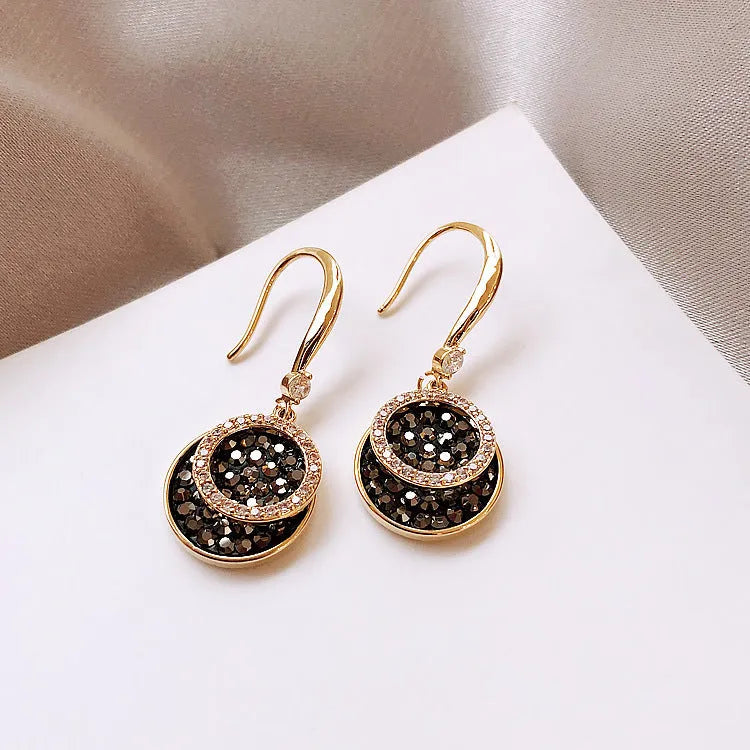 Black geometric retro Hong Kong style alloy earrings with round design measuring 3.6cm length
