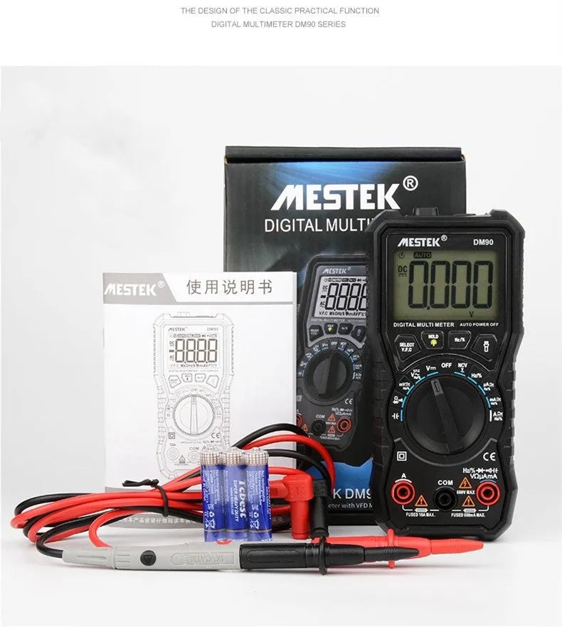 DM90A digital multimeter with display showing reading, test leads, and thermocouple probe on a workbench.