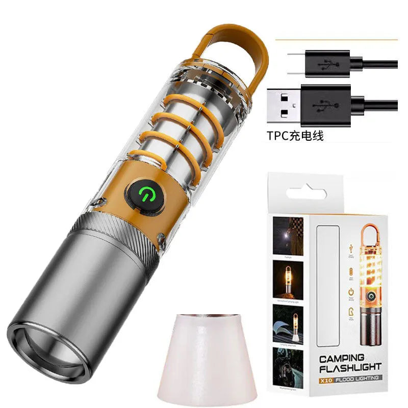 Orange rechargeable LED flashlight with hook attachment showing dual light sources
