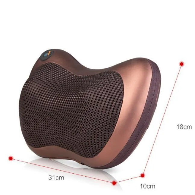 Electric infrared kneading massage pillow in black PU leather with control buttons and adjustable fixing strap for car seat use