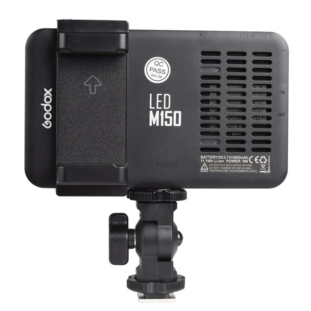 Shenniu M150 ultra-thin LED video light mounted on a mobile phone with L-bracket.