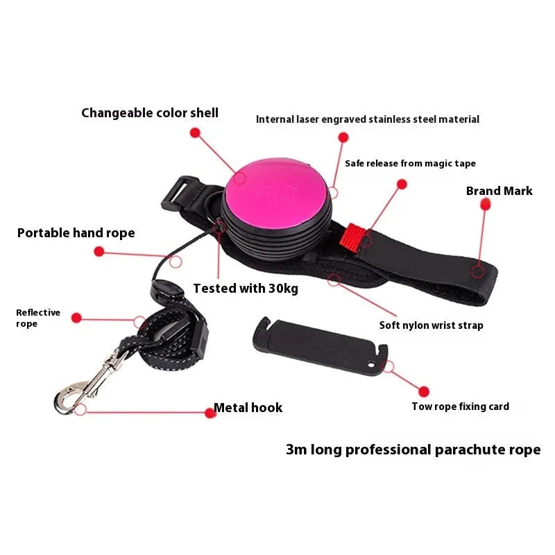 Automatic retractable dog leash extended to 3 metres, shown in vibrant orange colour with ergonomic handle.