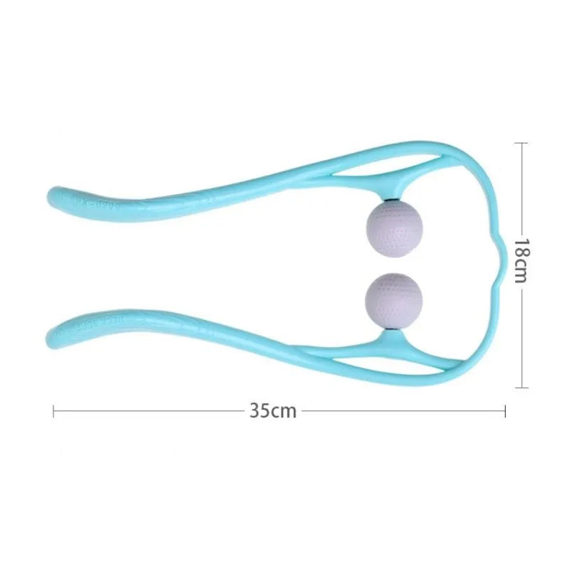 Blue plastic neck massager with hand roller and bracket for pressure point therapy on neck and shoulders
