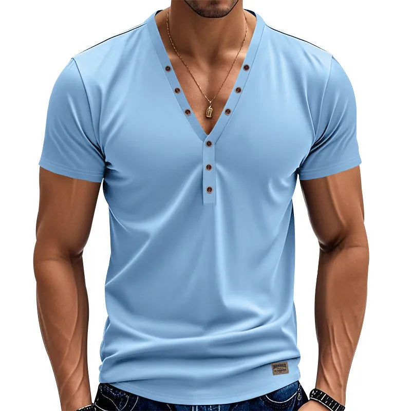 Men's loose fit V-neck sports top with button detailing in chemical fibre blend fabric