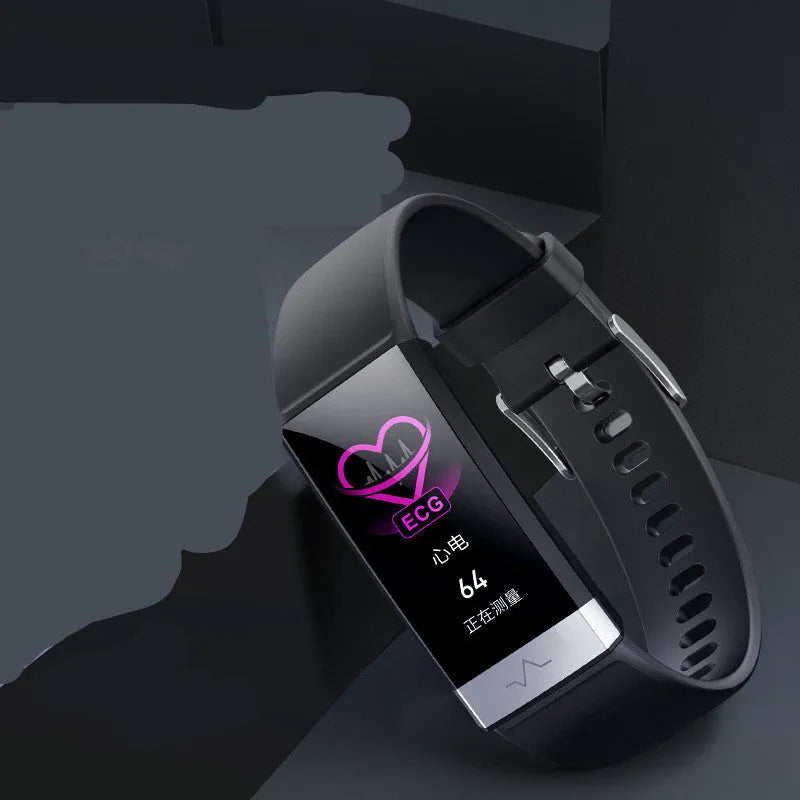 V19 smart fitness tracker in black with a colour display showing heart rate and SpO2 data.