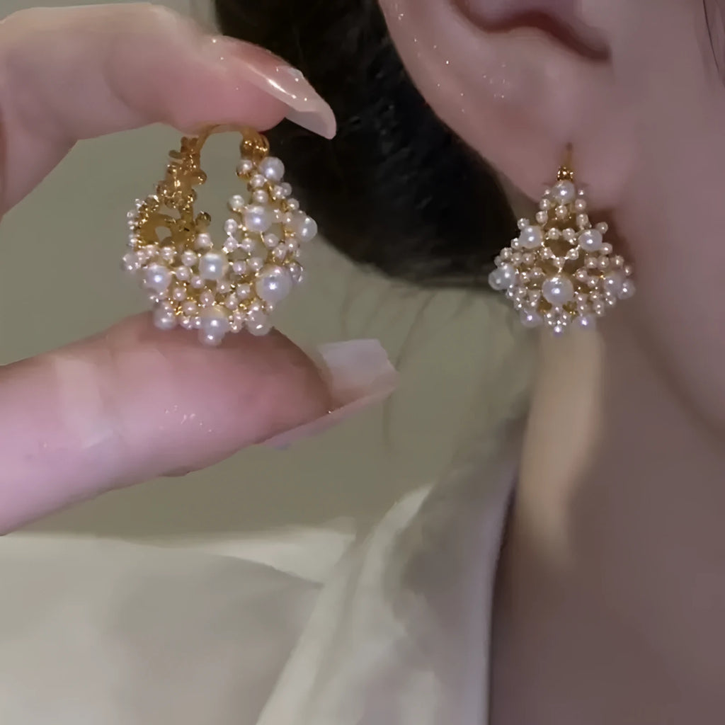 Gold colour copper flower basket earrings with small bead floral pattern and pearl inlay