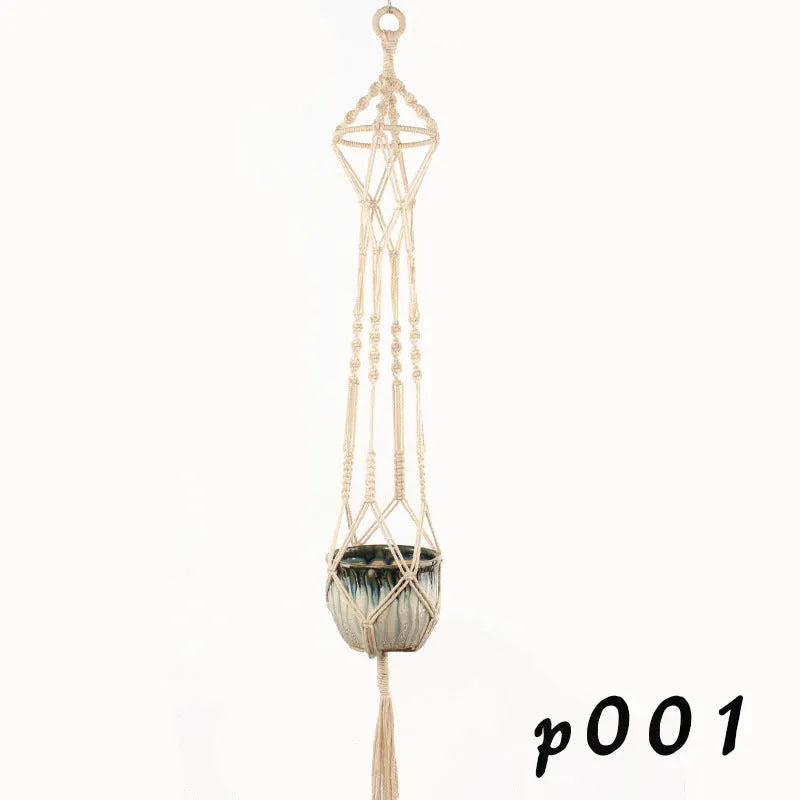 Woven wire cotton rope macramé plant hanger in a European village style, shown as a desktop, wall-mounted, and hanging basin.