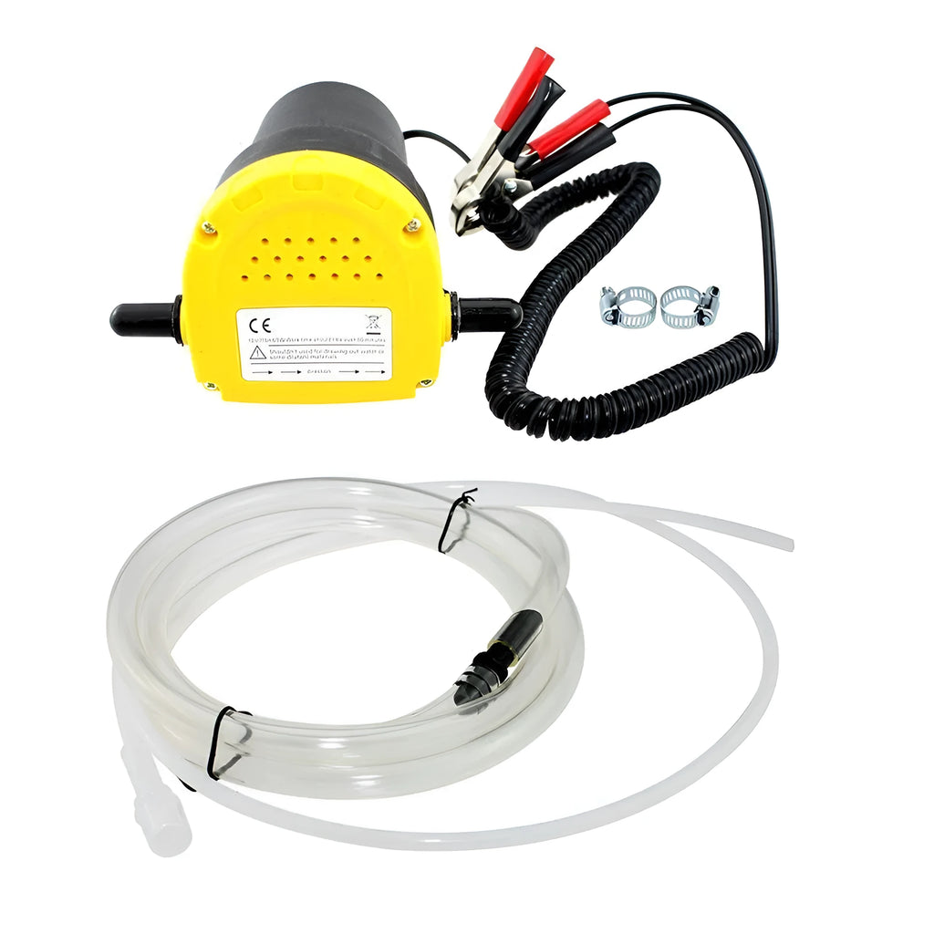 12V electric self-priming diesel oil pump in yellow engineering plastic with hoses and battery clips