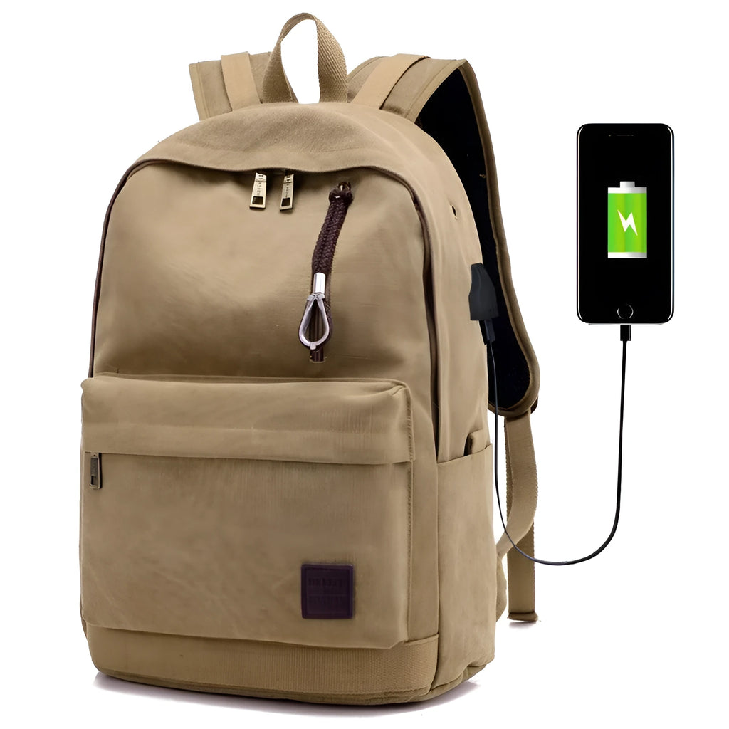 Canvas backpack with USB charging port and computer pocket in neutral colours