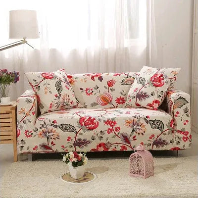 Geometric patterned stretch sofa slipcover fitted on a modern two-seater sofa.