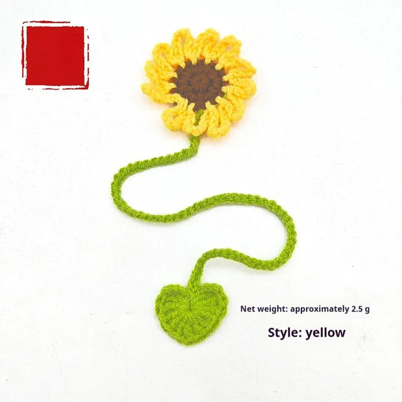 Hand-crocheted wool bookmark with daisy design on flexible wire in multiple colour options