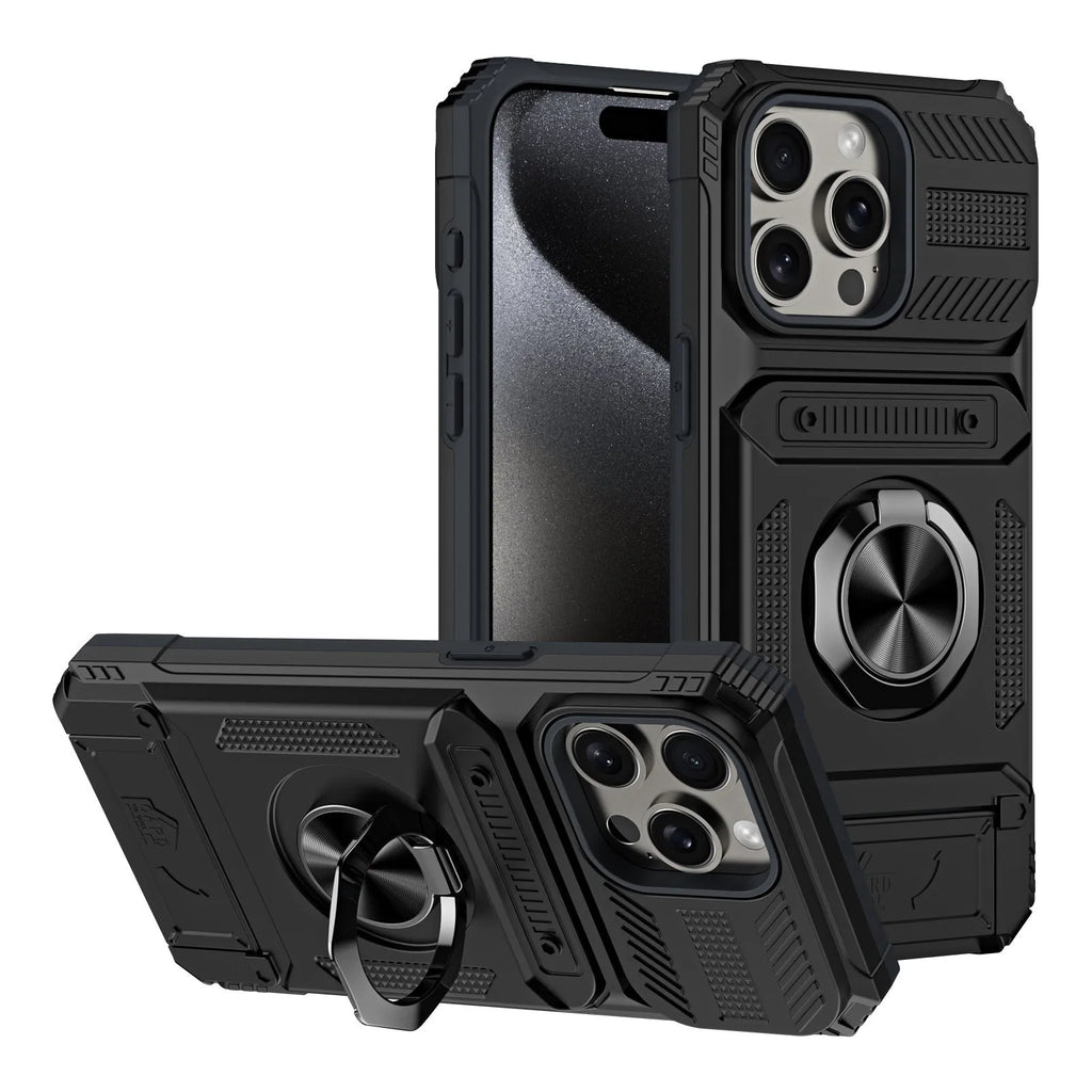 Black TPU PC metal phone case with hidden card slot and magnetic bracket for iPhone 15 Pro Max