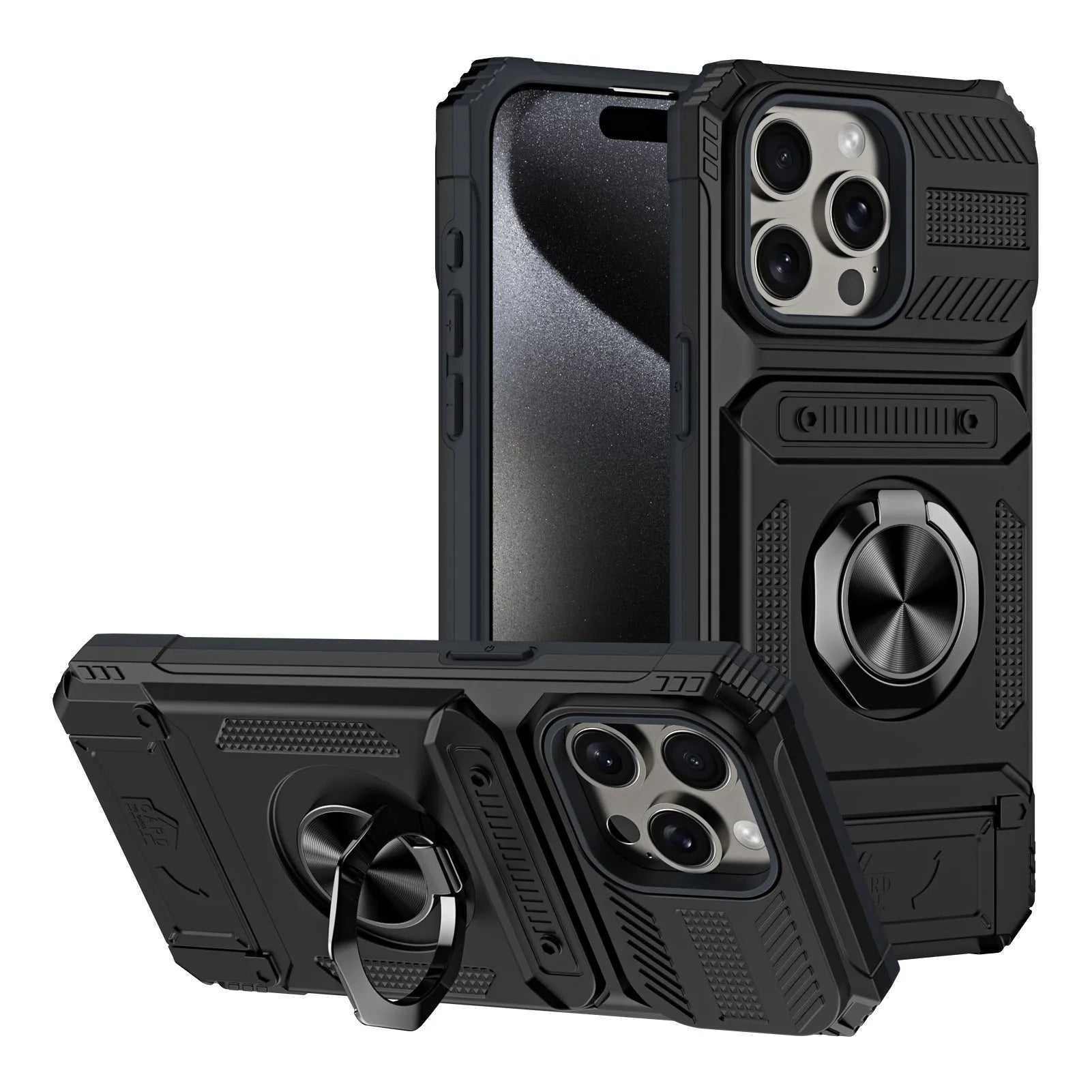 Black TPU PC metal phone case with hidden card slot and magnetic bracket for iPhone 15 Pro Max
