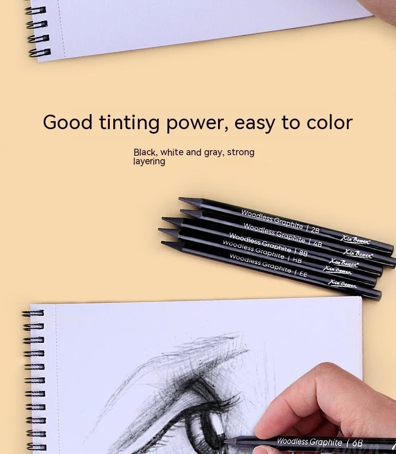 Set of six wood-free graphite sketching pencils in HB, 2B, 4B, 6B, 8B and EE grades