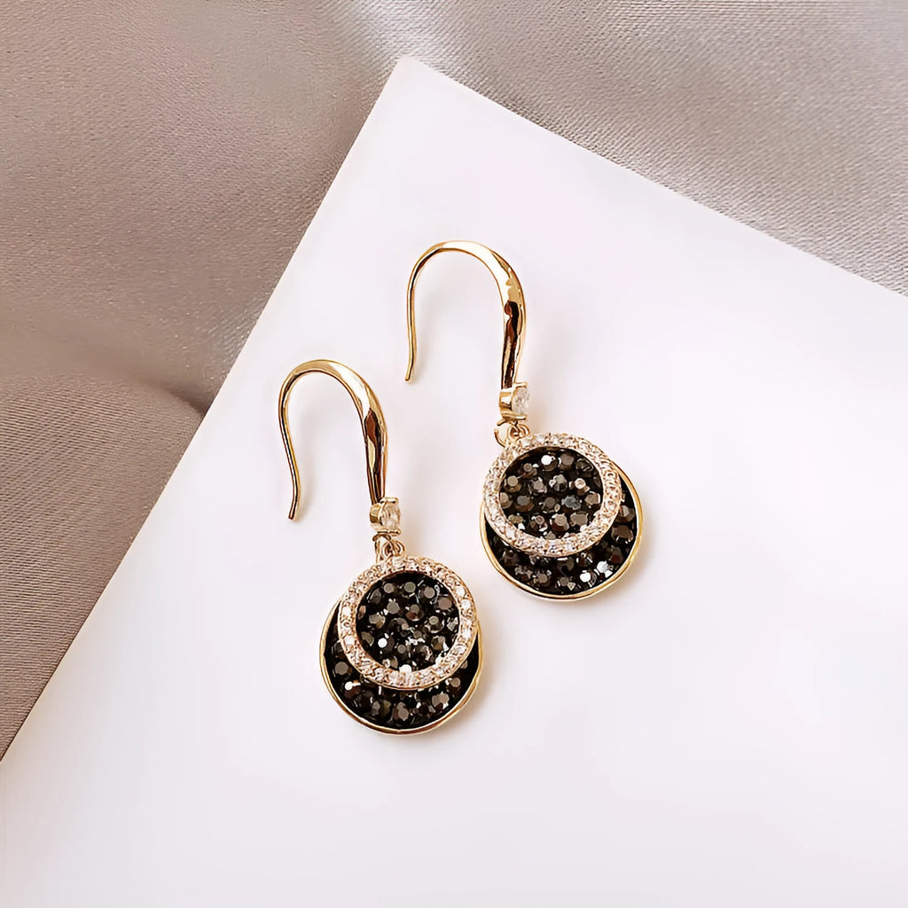 Black geometric retro Hong Kong style alloy earrings with round design measuring 3.6cm length