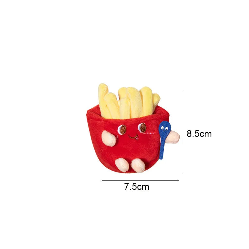 Set of five soft cat toys shaped like hamburger, chicken leg, fries, bread, and hot dog on a white background
