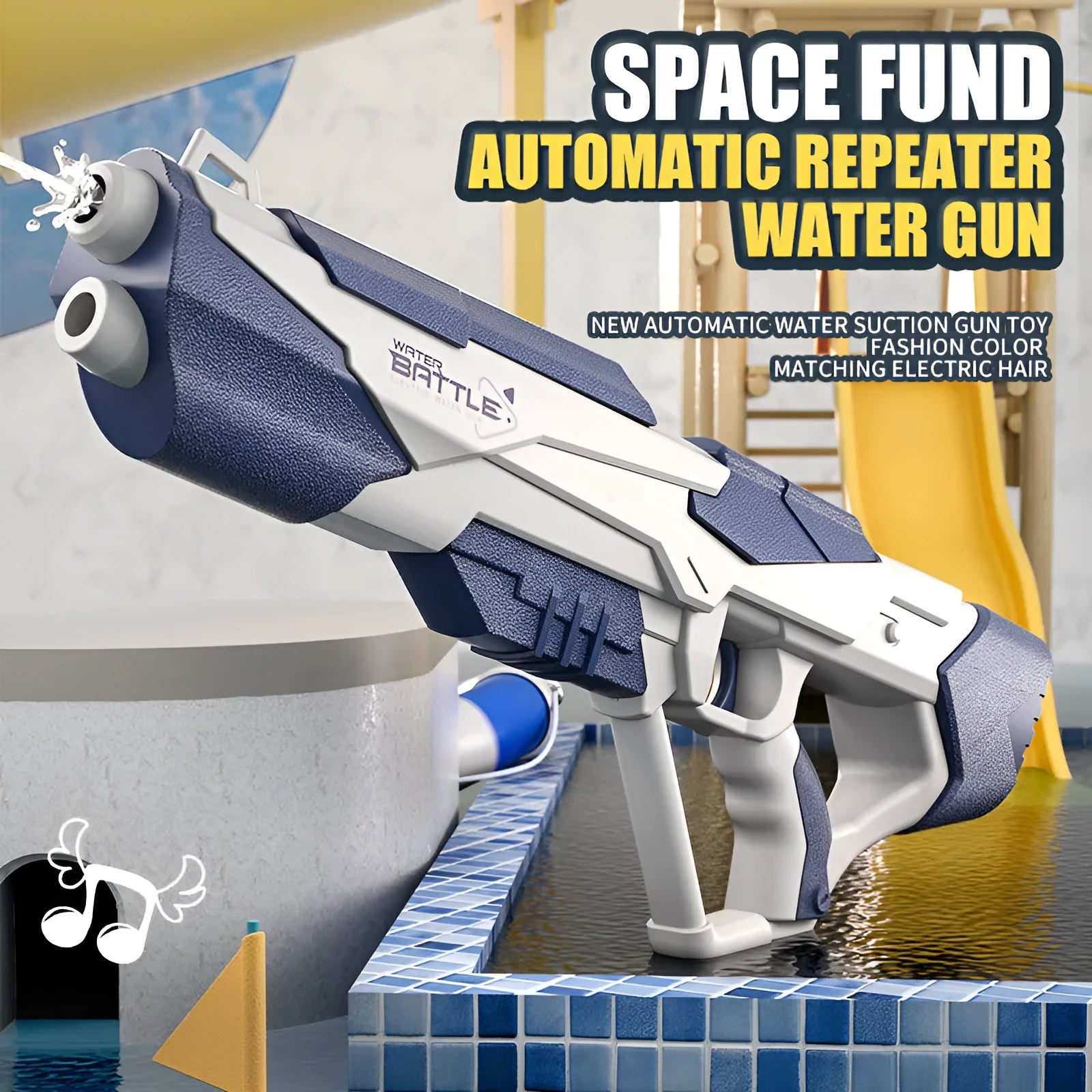 Blue electric water gun with USB charging cable and automatic straw