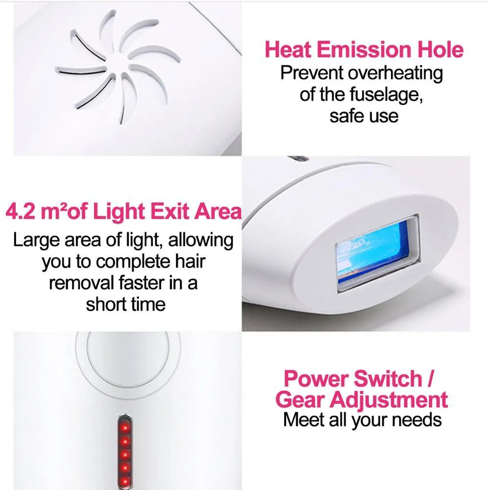 White home laser hair removal device with display, shown with its power adapter and international plug heads.