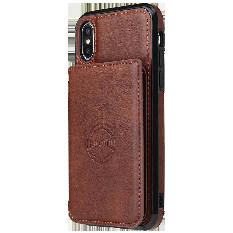 Imitation leather card wallet phone case for iPhone in solid colours showing card slots.
