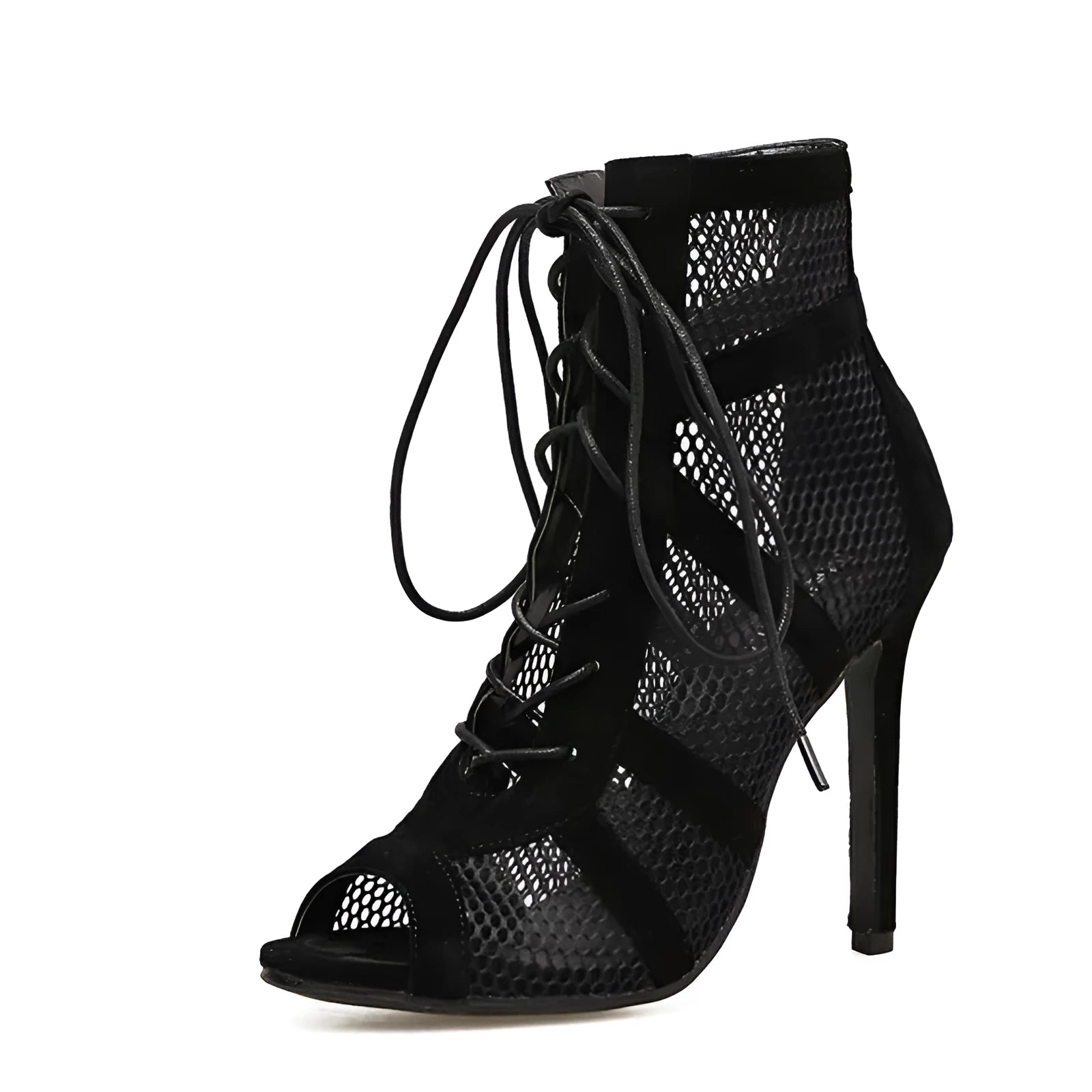 Black suede women's lace-up high heel shoes with an 11.5cm heel on a white background