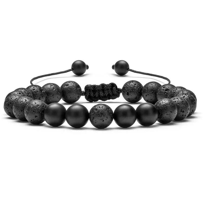 Geometric matte black agate couple bracelets with tiger eye beads, shown as a matching set.