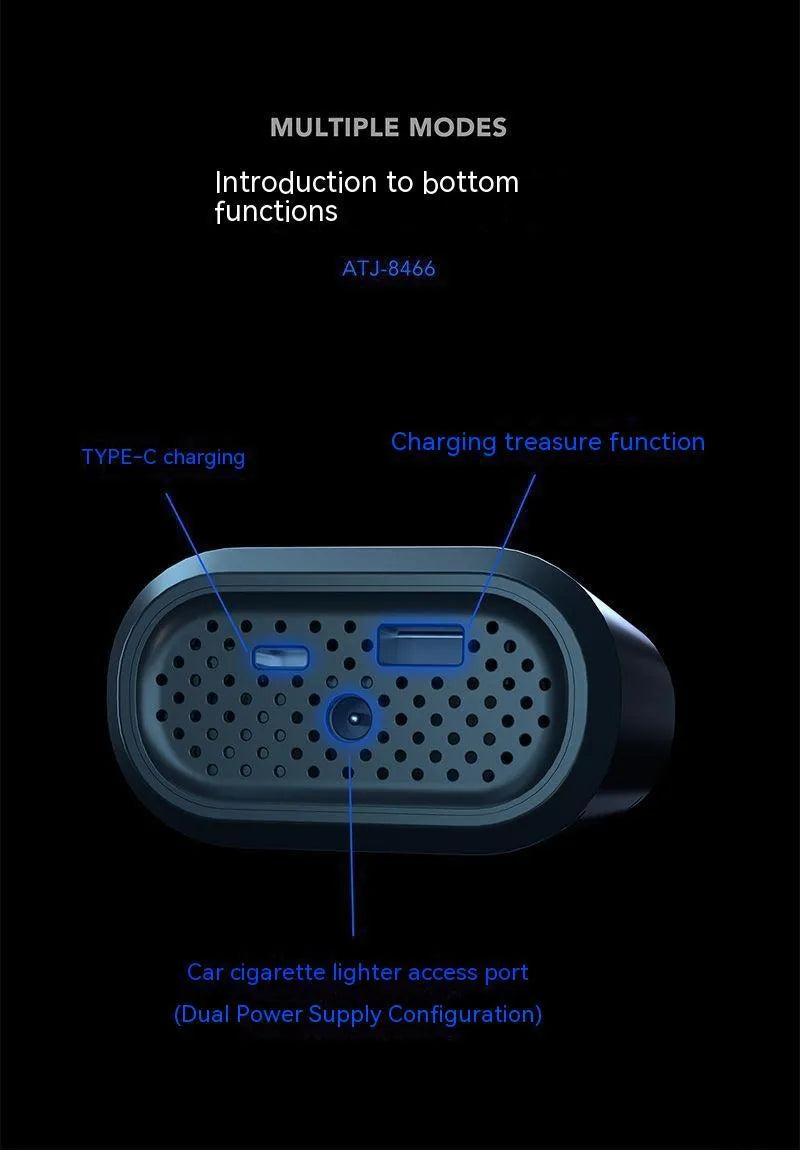 Handheld wireless digital tyre inflator with display screen, LED light, and air hose.