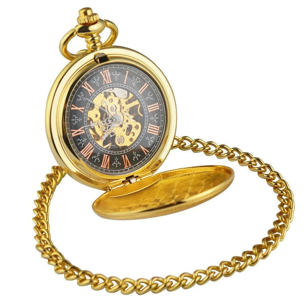 Retro floral print automatic mechanical pocket watch with transparent case back and alloy construction