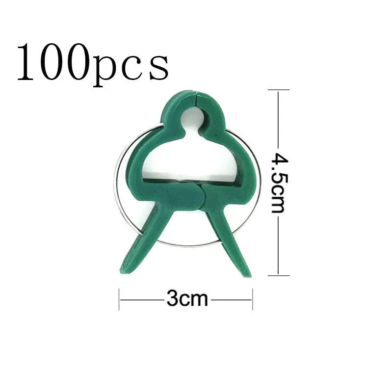 Green plastic plant fixing clips for supporting climbing vegetables like tomatoes and cucumbers
