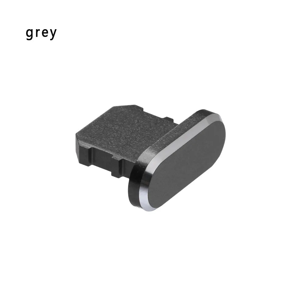 Aluminium alloy charging port dust plug for iPhone in various colours including gold, silver, and rose gold.
