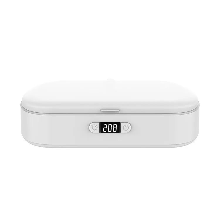 White portable UV steriliser box with wireless charging for phones and personal items