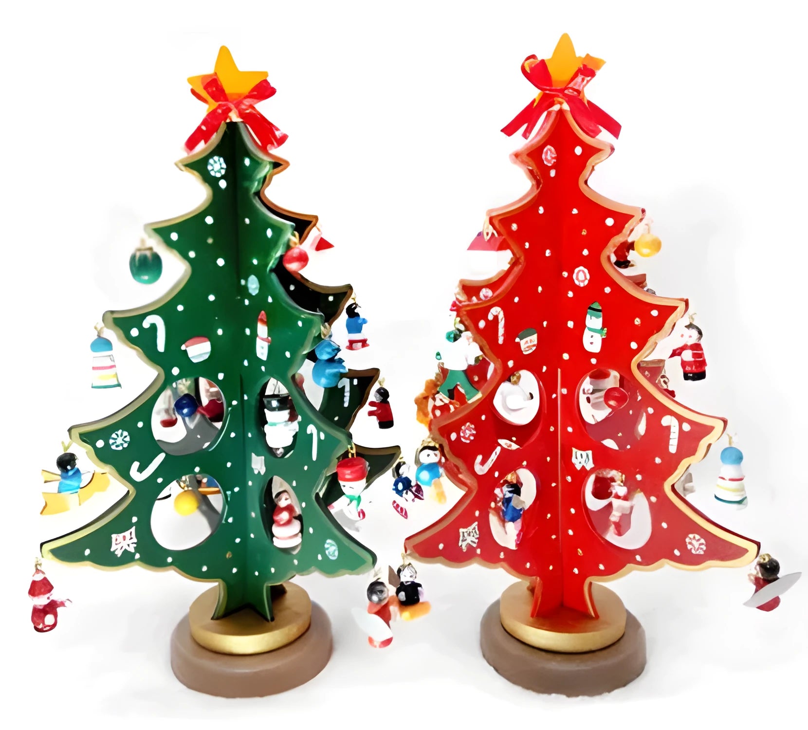 Hand-painted wooden Christmas tree desktop decoration in red and green colours