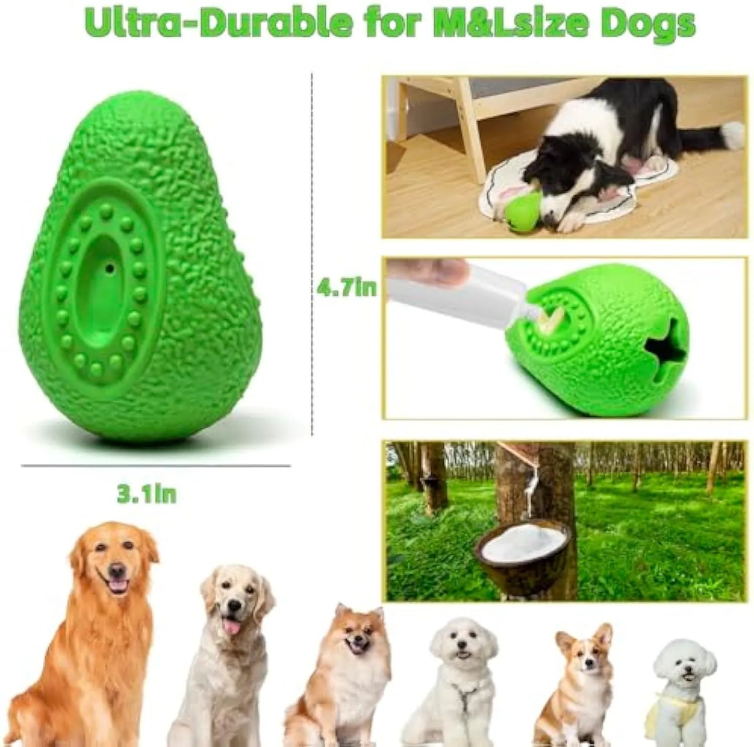 Green avocado-shaped rubber dog chew toy with textured surface for large aggressive chewers