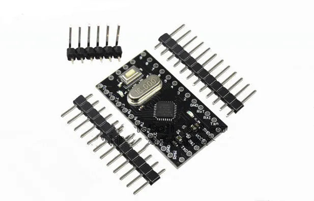 Mini Pro ATMEGA328P microcontroller board measuring 33.3 by 18.0 millimetres with pin headers