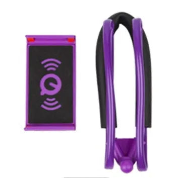 Universal white plastic phone neck holder with shock foam, showing 360-degree rotation and phone clamp.