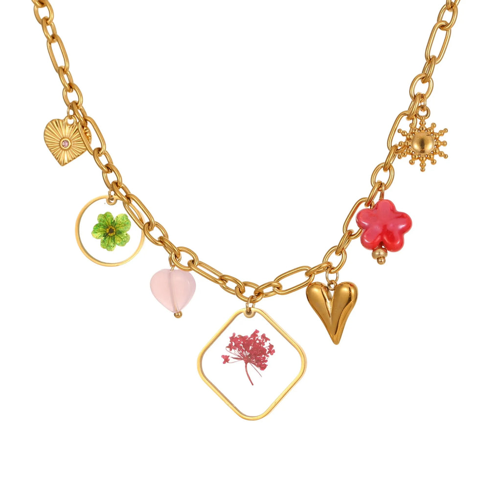 Women's stainless steel 18K gold plated epoxy flower pendant necklace with geometric shape and regular chain