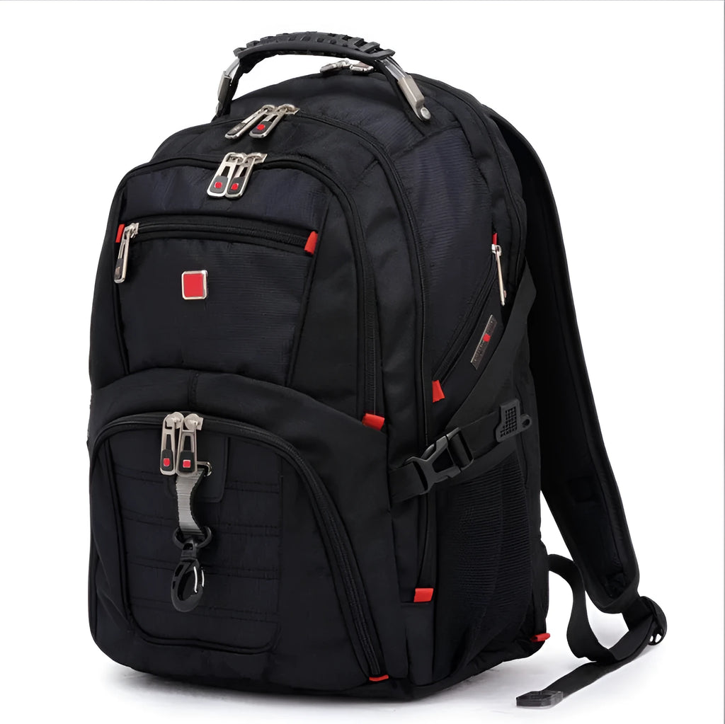 Black business computer backpack showing three compartments and laptop storage for 12-15 inch devices