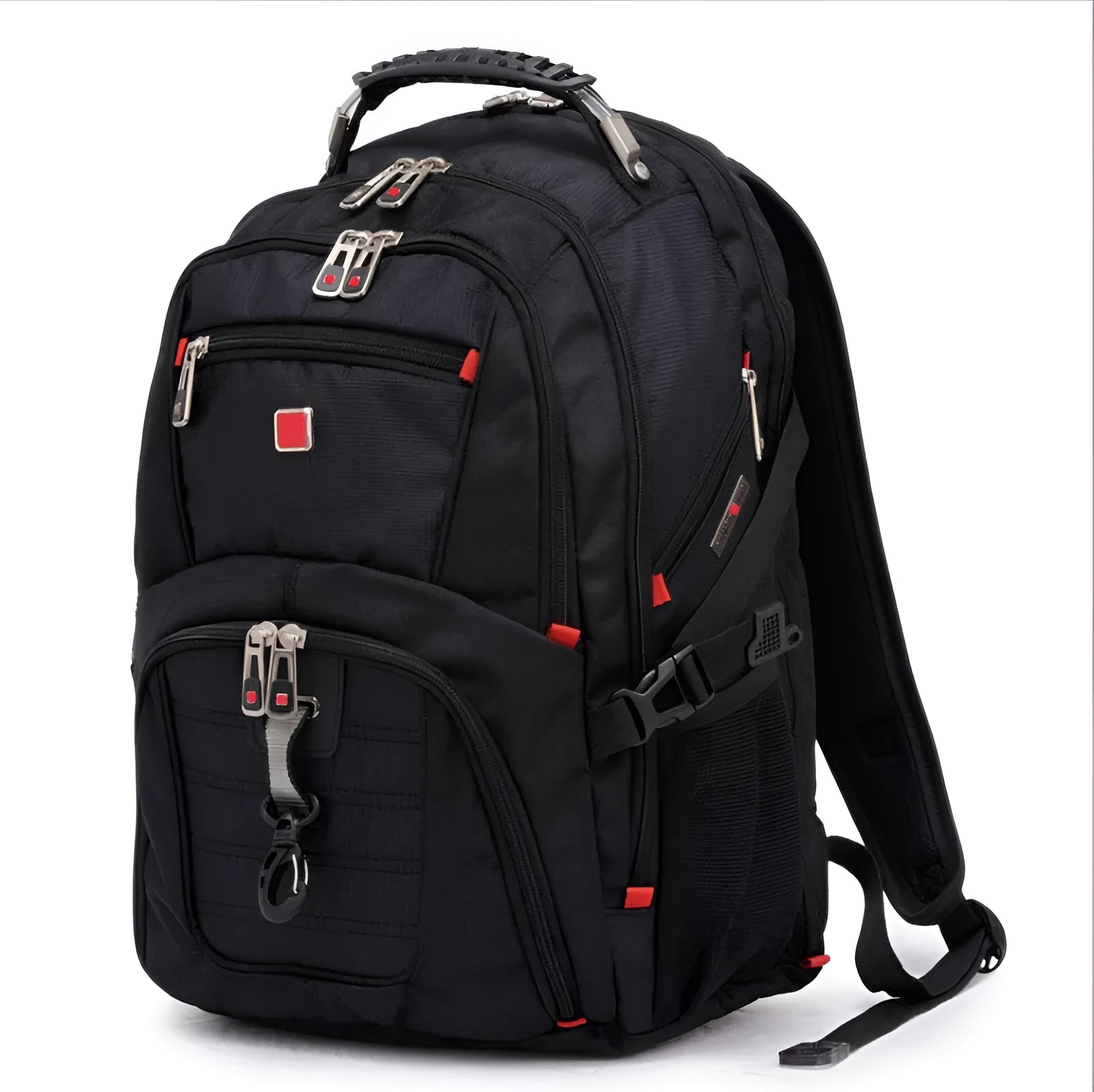 Black business computer backpack showing three compartments and laptop storage for 12-15 inch devices