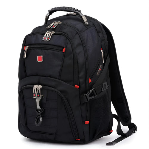 Black business computer backpack showing three compartments and laptop storage for 12-15 inch devices