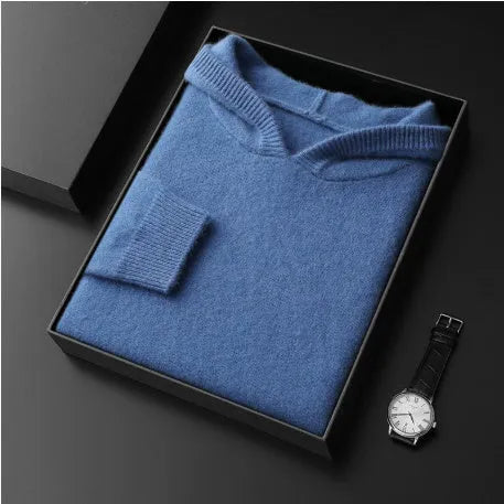 Men's cashmere hooded thickened sweater in solid colour, loose fit, long sleeves, front view
