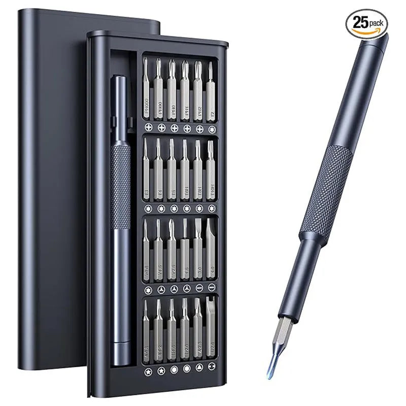 25-in-one magnetic precision screwdriver set with knurled black handle and chrome vanadium steel bits
