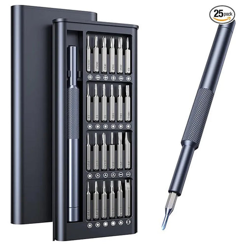 25-in-one magnetic precision screwdriver set with knurled black handle and chrome vanadium steel bits