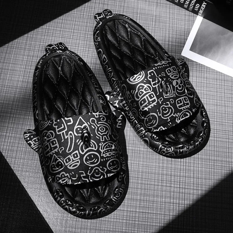 Casual beige and grey shark design EVA open-toe home slippers for men and women.