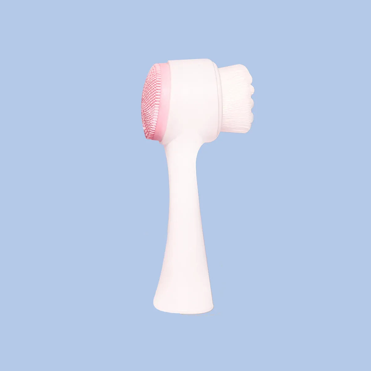 Facial brush with plastic handle and nylon bristles alongside coral fleece absorbent hair band in purple colour