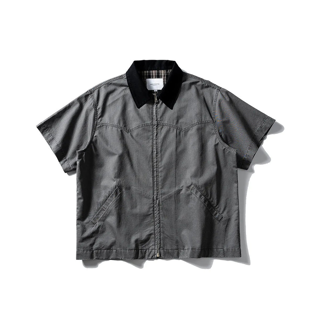 Washed cotton overalls shirt in short sleeve cardigan style, khaki colour, loose fit